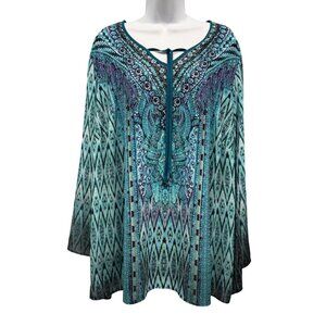 Belle Kim Gravel Printed Tunic Top Teal Plus Size 2X Beachy Boho Festival Resort